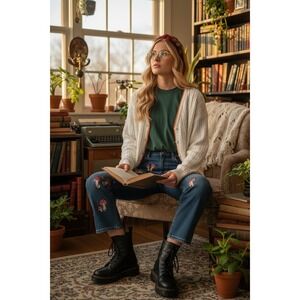 Vintage Sutton Studio Women Cream Cable Knit Cardigan‎ Orange Trim Size L